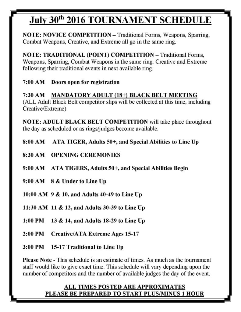 July 30th 2016 Tournament Schedule
